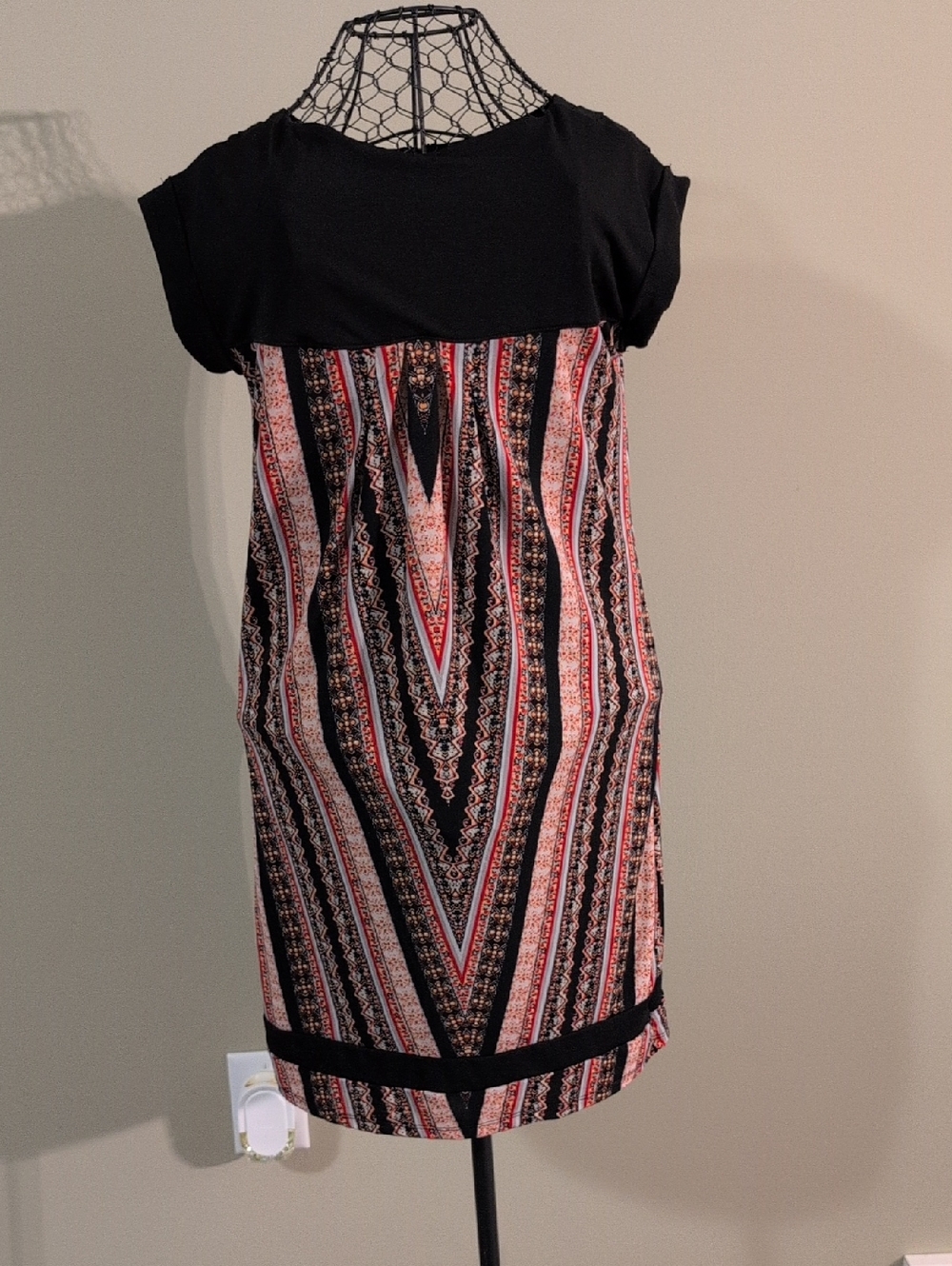 Black & Multi-Stripe Mini Dress with V-Pattern. Stretchy